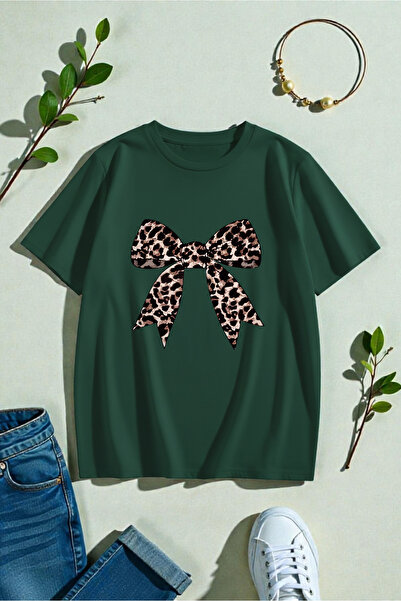 uyguntarz Unisex Leopar Desenli Kurdele Baskılı Tasarım Tshirt