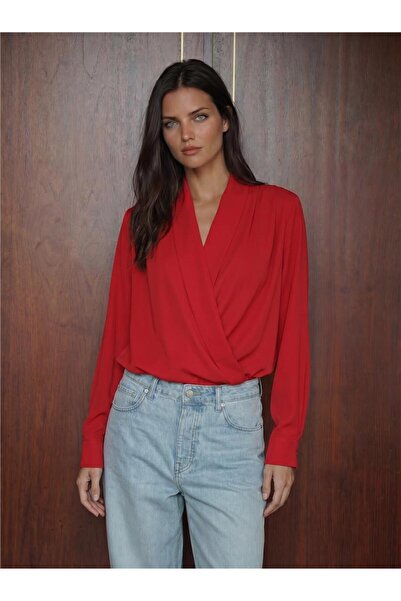 WeShaya Red Satin Stretch Fabric Double-Breasted Collar Draped Long Sleeve Bl...
