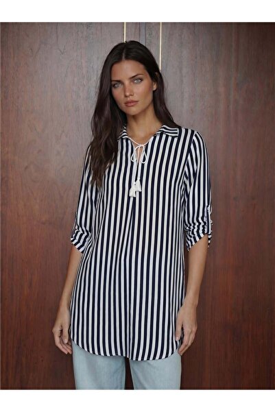 WeShaya Navy Blue Viscose Textured Collar Lace-Up Striped Long Sleeve Straigh...