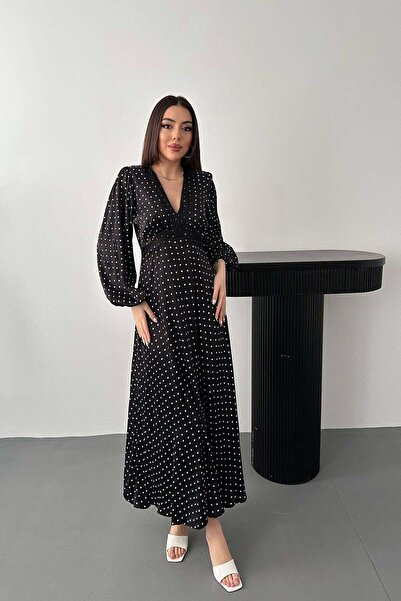 Caddebostan Moda Satin Polka Dot Lace Detailed Long Sleeve V-Neck Stylish Dress