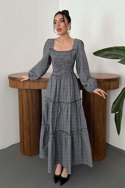 Caddebostan Moda Plaid Square Collar Gipe Detailed Long Sleeve Bohemian Dress