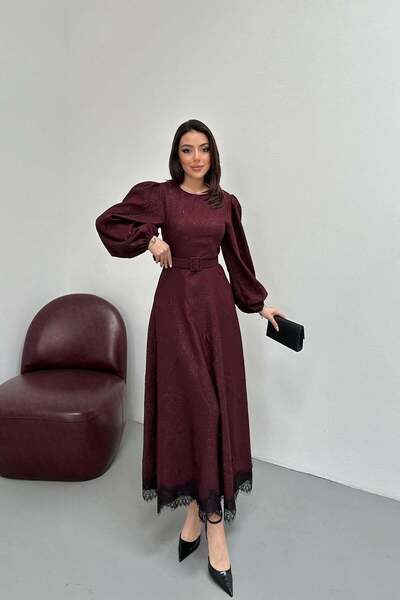 Caddebostan Moda Square Embossed Glitter Belted Lace Detailed Balloon Sleeve ...