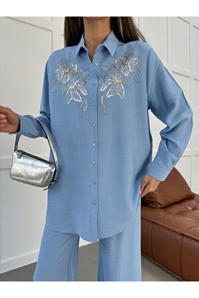 MİA NOURA Women's Shirt with Beaded Embroidery on Front and Sleeves, Oversize...