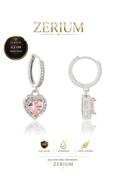 ZERİUM Women's Minimalist Dangle Steel Earrings with Pink Quartz Heart 2.5 cm...
