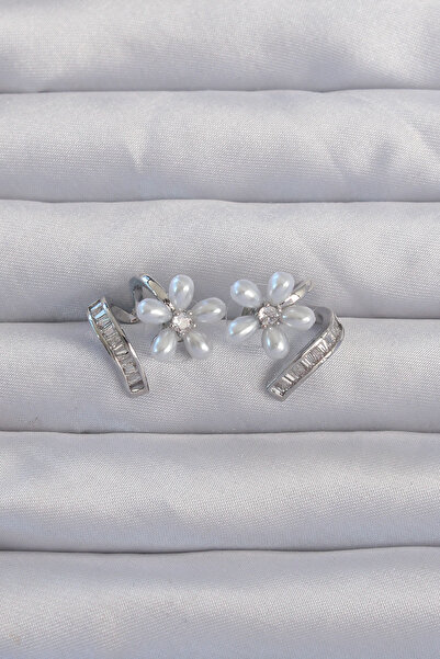 ETC Brass Silver Color Zircon Stone Curved Pearl Flower Earrings 5886 - Miyng...