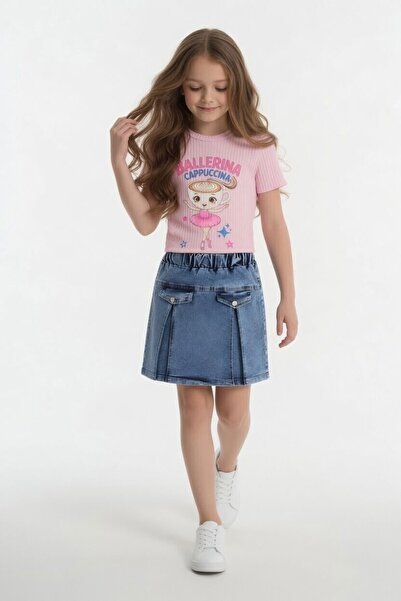Cansın Mini Powder Ballerina Patterned Badili Jean Skirt Girls' 2-Piece Set 2...