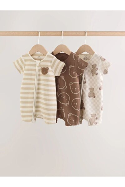 Next Baby Cotton Cream and Coffee Teddy Bear Patterned 3-Piece Romper Set