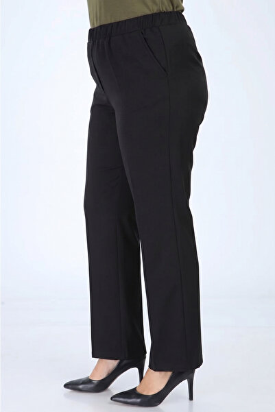 ASYA GİYİM Women's Black Elastic Waist Plus Size Trousers Fabric Pants