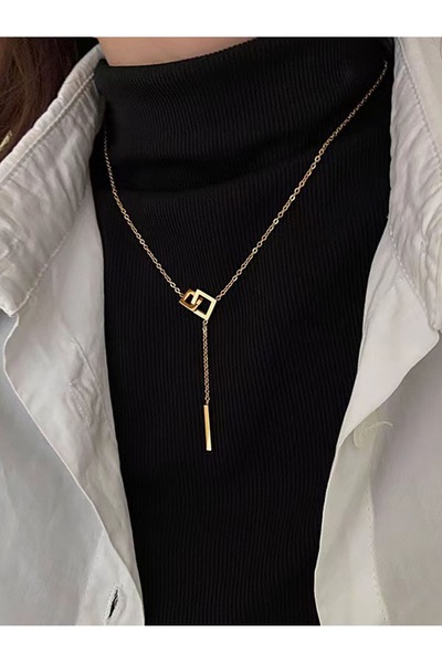 Generic Stainless Steel Gold Color Necklace Geometric Hollow Square Pendant L...