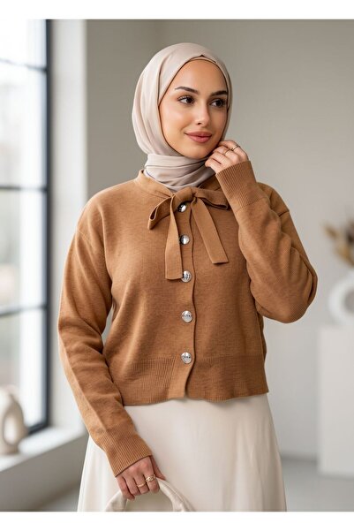 İmajButik Collar-Tied Buttoned Knit Cardigan