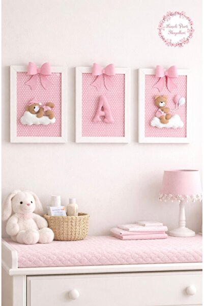 Keçeli parti hayalleri Baby Children's Room 3-Piece Frame Set with Teddy Bear