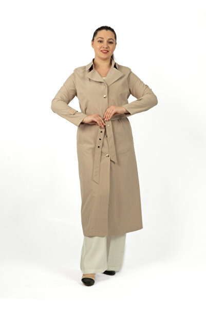 derin store Kruvaze Yaka Detaylı Kuşaklı Modern Trençkot