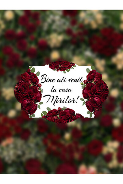 OEM Pancartă " Bine ați venit la Casa Mirilor! ", Design Flori roșii, 46x31 cm
