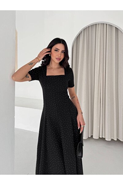Narstorm Square Neckline Stone Detailed Maxi Dress