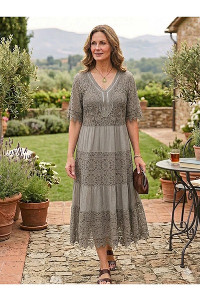 AYASOFYA OTANTIK Women's Italian Mink Sequined V-Neck Lace Midi Silk Dress