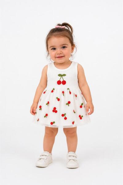 BEBEXO KIDS Kız Bebek Kiraz Detaylı Tüllü Çıtçıtlı Zıbın Elbise