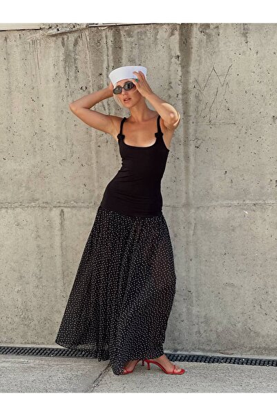 LOKADI Black Strappy Sandy Crepe Polka Dot Dress Flexible Flowy Lycra Dress