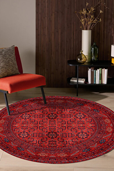 Aybek Home Kırmızı Afgan Desen Yuvarlak Baskılı Kaymaz Taban Yıkanabilir Halı...