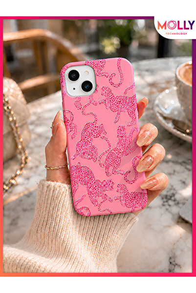 Molly iPhone 13 MİNİ İçin Pink Predator Desenli İçi Kadife Silikon Kılıf
