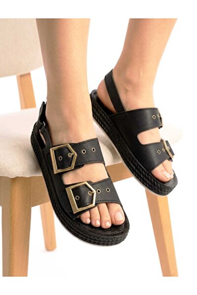 McDark Women's Sandals with Buckle, Soft Sole, Snap Fasteners - Black