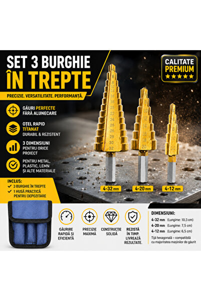 Bigstren Set 3 freze conice titan cu cutie, 4-12/20/32 mm, pentru metal, lemn...