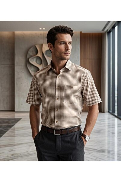 GÖMLEK GALERİSİ Men's Classic Wide Cut Plaid Pocket Cotton Short Sleeve Shirt