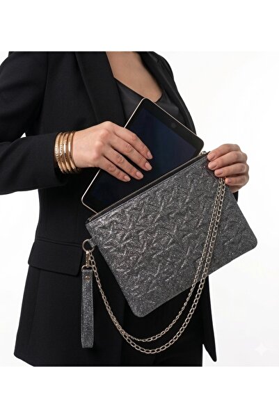 KIRASE Quilted Star Patterned Chain Tablet Bag with Wrist Strap and Hand and ...