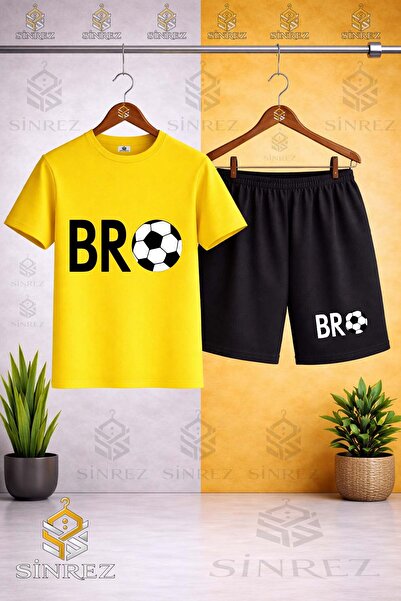 SİNREZ Crew Neck Kids Bro Top Yazi Black Printed T-Shirt - Shorts Set