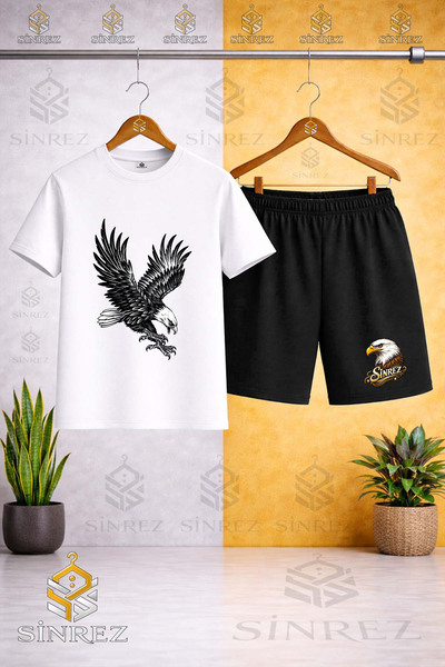 SİNREZ Crew Neck Kids' Eagle Attack Simple Printed T-Shirt - Shorts Set