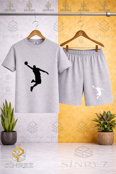 SİNREZ Crew Neck Basket Adam Black Printed T-Shirt - Shorts Set