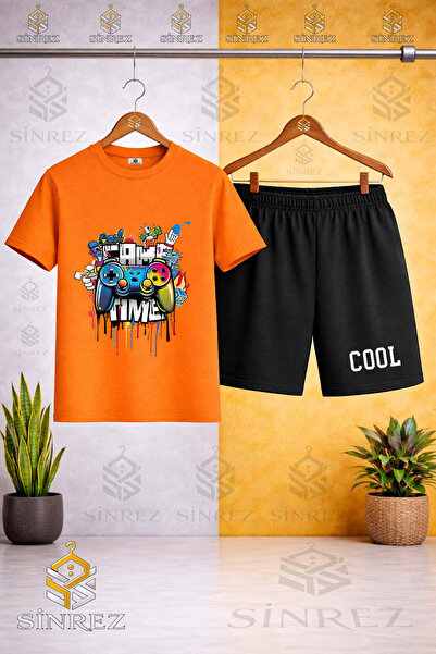 SİNREZ تي شيرت مطبوع عليه GAME TIME COOL للأطفال من بيكليك كا باك - طقم شورت