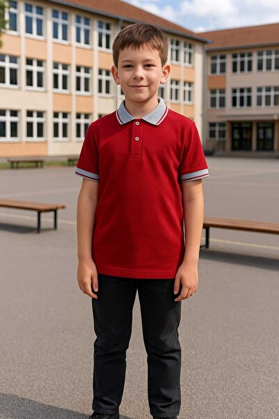 Polo Yaka Pamuklu Kısa Kol Gri Kırmızı Çizgili Yaka Kırmızı Çocuk Okul Tişört - T shirt