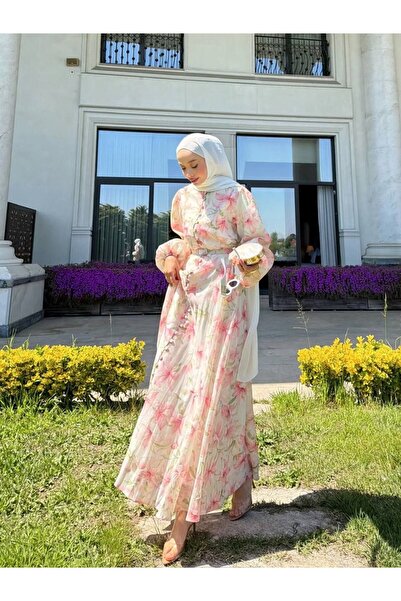 MODA TESETİVA Birit Düğme Detaylı Çiçekli Elbise - Pembe