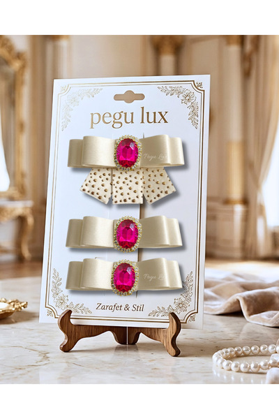 pegu baby collection Set de 3 agrafe cu piatră, cu panglică din satin ecru, s...