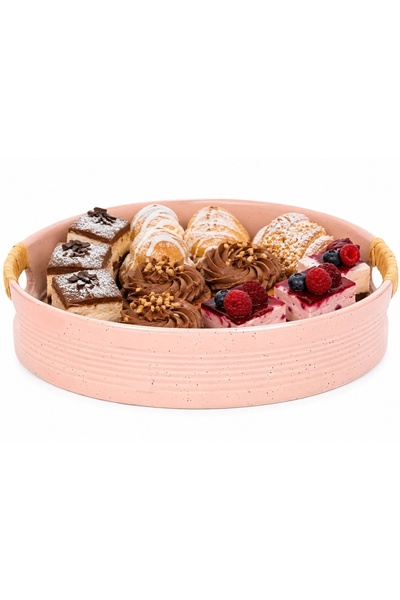 PUFO Pinky round decorative ceramic serving tray with handles, pink, 20 cm