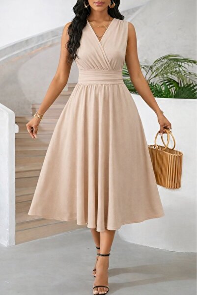 FRESCO SCARFS Women's Strappy Double-Breasted V-Neck Dress with Elastic Waist