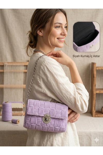 ÇANTA Canvas Handmade Knitted Lilac Shoulder Bag – with Silver Chain