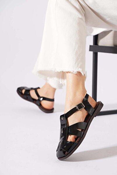 Moda Pie Norek Blunt Toe Trocley Strapped Women's Sandals Black Patent Leather