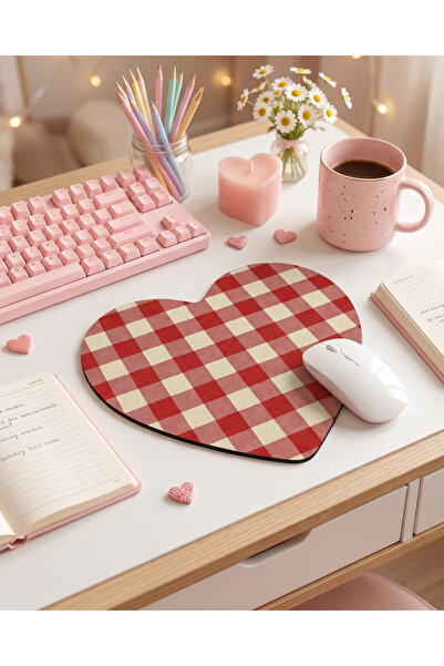 matizya Kırmızı Ekose Kalp Mousepad – Kawaii Kalpli Mouse Pad – Estetik Masaü...