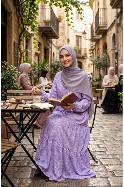 sefamerve Hakim collar polka dot hijab dress 0288-01 lilac