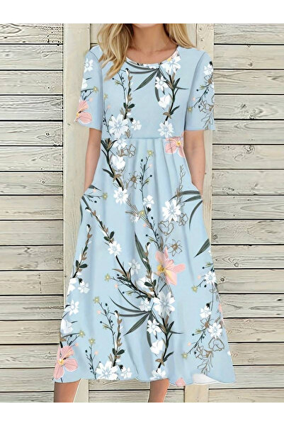 stelol Women's Short Sleeve Flower Print Midi Length Single Jersey Dress