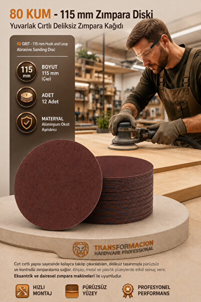 Transformacion 12 ADET 80 KUM Yuvarlak Cırtlı Zımpara Diski 115 mm Deliksiz Z...