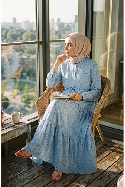 sefamerve Floral patterned waist-tie hijab dress 0293-02 blue