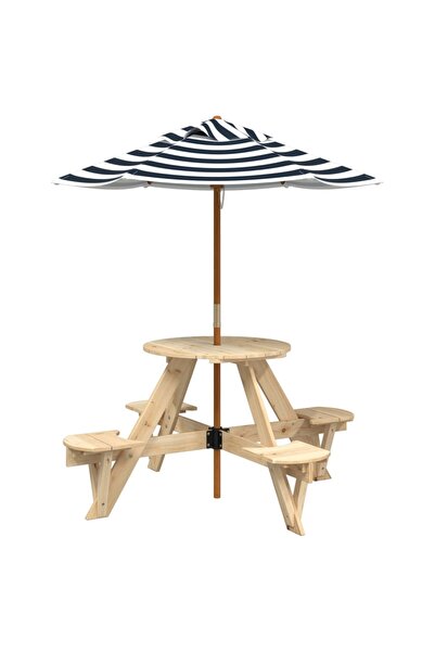 vidaxl Masă picnic pentru 4 copii cu umbrelă, rotundă, lemn masiv brad