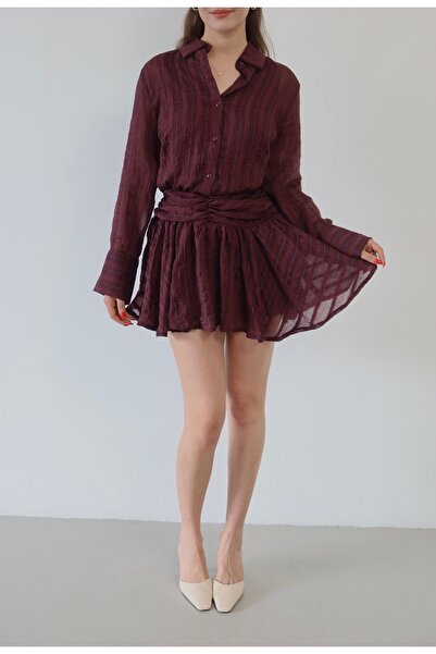 Myra Fashion Çizgili Tül Elbise Kruvaze Yaka Beli Büzgülü Mini Elbise