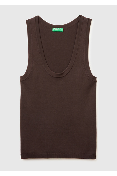 United Colors of Benetton Women's brown viscose blend slim fit wide round nec...