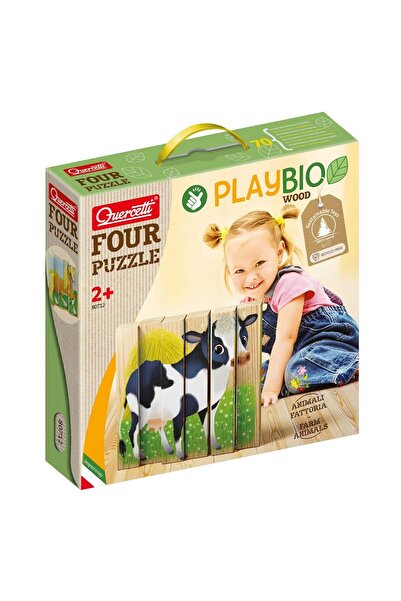 quercetti Puzzle din lemn 4 In 1, Quercetti, Animale Ferma, Play Bio, 6 piese