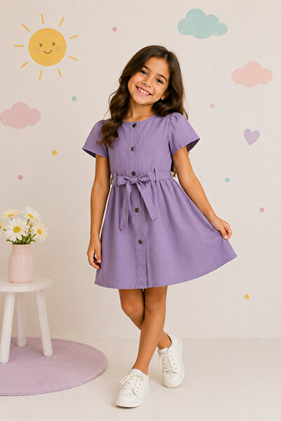 tinytrends Rochie de vară din denim cu curea și nasturi pentru fete