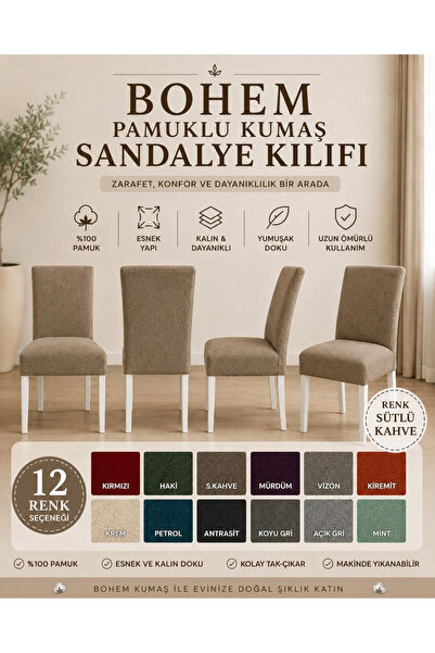İLYEVTEKSTİLİ Bohem Pamuklu Esnek Standart Sandalye Kılıfı, Yıkanabilir, Doku...