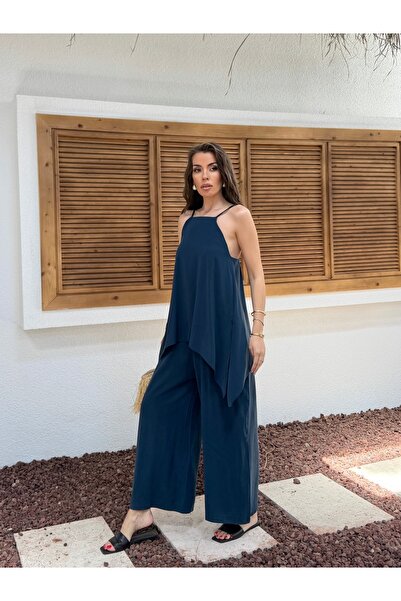 LE CARAMBOLE Women's Navy Blue Knitted Strap Detailed Wide Leg Jumpsuit